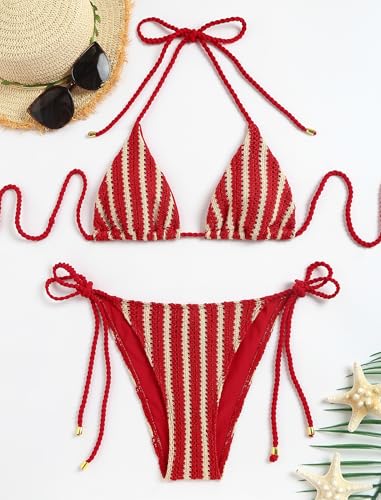 Image of ZAFUL 2 Piece Triangle Bikini for Women Knitted Rope Halter Bikini Sets Sexy Bathing Suit Side Tie Swimsuits Beachwear