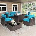 Vakollia 8 Pieces Patio Furniture Set with 44" Propane Gas Fire Pit Table, Outdoor Sectional Wicker Conversation Sofa Sets with Coffee Table