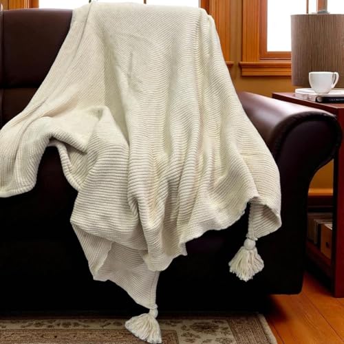Image of Furnistitchs Plain Solid Knitted Sofa Throw Blanket 50x60 inches / 125x150 cms| Cotton Plain Knit with Tassels | Aesthetic Bohemian Decorative Couch Throws for Living Room & Bedroom (Natural)