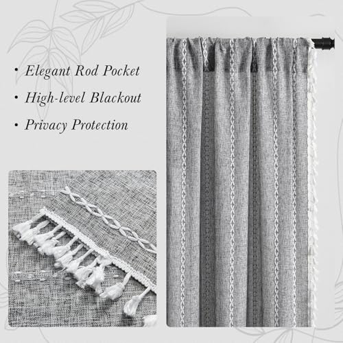 Cenefas de cocina MitoVilla gris oscuro de lino y algodón con borlas para ventanas de 52x18'' 7