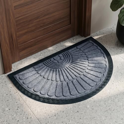 Image of Yellow Weaves Semi Circle Door Mat for Home Entrance, Half Moon Outdoor Rubber Mat - Non-Slip, Anti Skid Half Circle Foot Mat, Dirt Trapper, Heavy-Duty, Waterproof Main Doormat, 45x70 cm | Grey