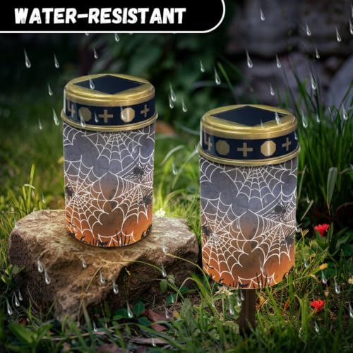Image of Halloween Spider Web Memorial Lights for Graves | Outdoor Flameless Candle Lamp, Waterproof Solar Eternal Lights for Gravesite Decorations Outdoor Use 2 Pcs