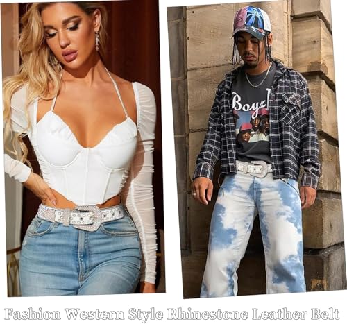 Genuine Leather Unisex Western Rhinestone Belt, Bling Diamond Studded Leather for Jeans and Pants2