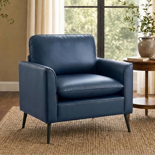 Image of TYBOATLE Leather Accent Chair, Mid-Century Modern Comfy Living Room Chairs, Cozy Office Reading Chair, Reception Armchairs for Bedroom, Office, Waiting Room (Blue)
