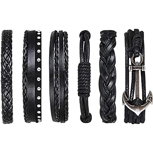 flintronic Pulsera Hombre, 6 Piezas Personalidad Retro Tejida Pulsera de Traje de Cuero Multicapa, Pulseras Retro, Moda Pulsera de Cuero Brazalete Trenzado Roccia Punk, Ajustable (#3 Serie)