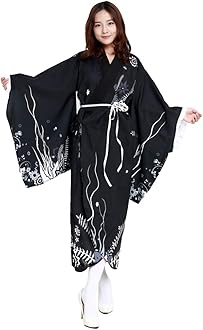 HongH Women's Floral Print Traditional Japanese Kimono Goldfish Obi Belt Blossom Robe Costume Set
