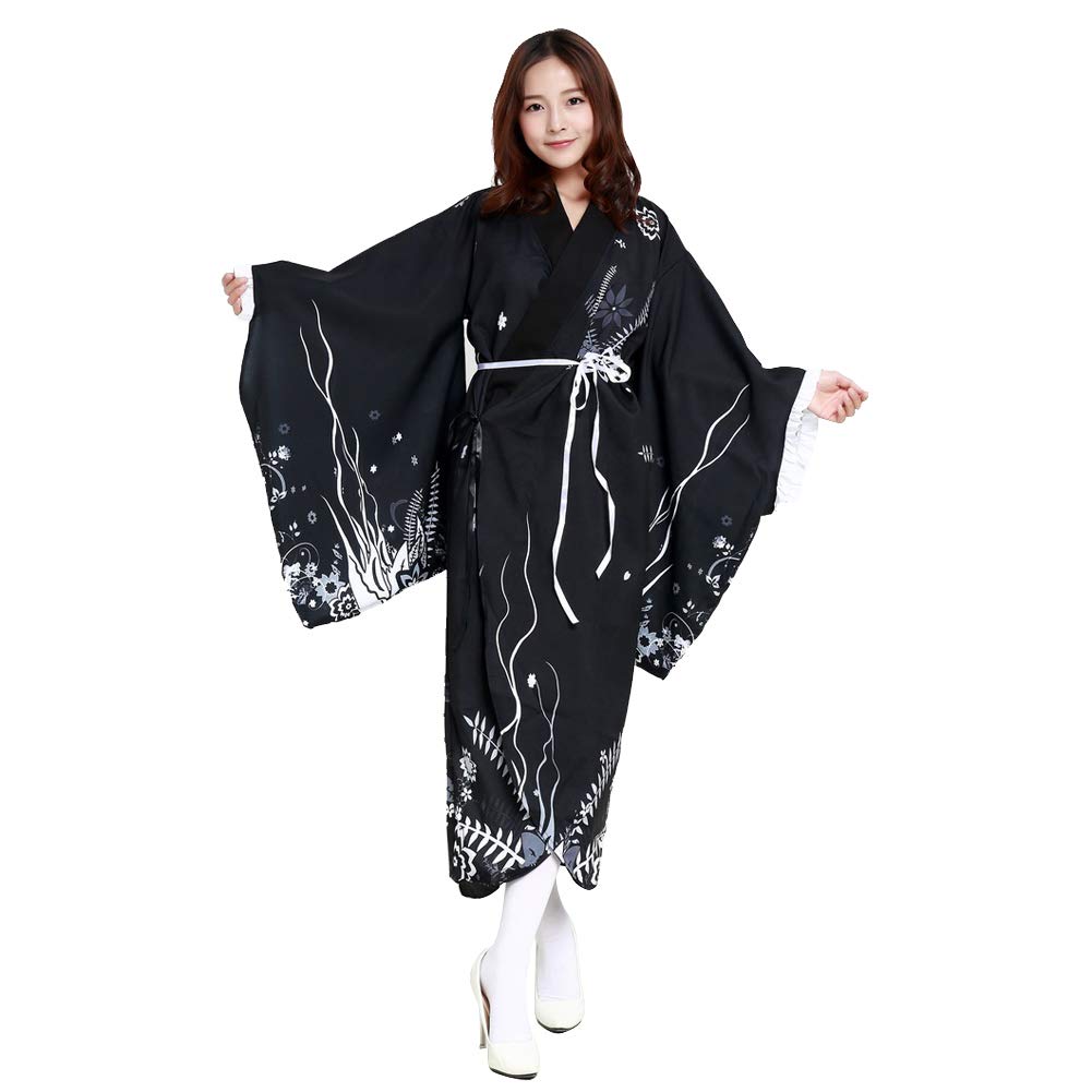 HongH Women's Floral Print Traditional Japanese Kimono Goldfish Obi Belt Blossom Robe Costume Set