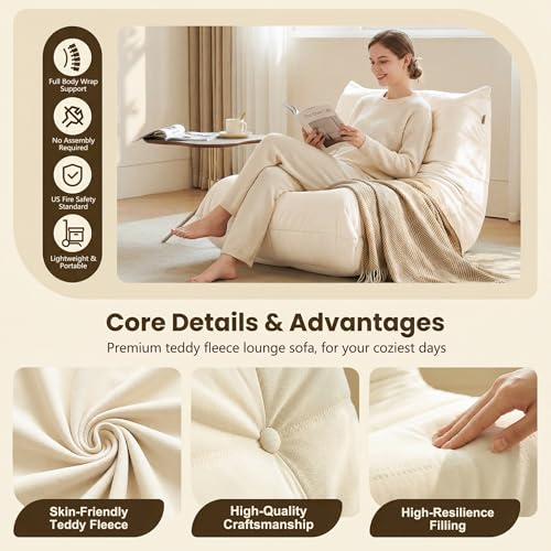 Image of Gazecaia Comfy Bean Bag Chair for Adults Teens | Fireside Floor Lounge Chair, Soft Suede High-Resilience Memory Foam Bean Bag Couch with Non-Slip Base, for Living Room Bedroom Apartment Office, White
