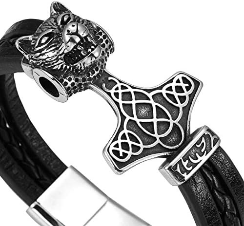 PiercingJak Mens Wolf Jewelry Viking Thor's Hammer Mjolnir Bracelet Stainless Steel Wolf Hammer Black Genuine Leather Bracelet Viking Wristband for Men