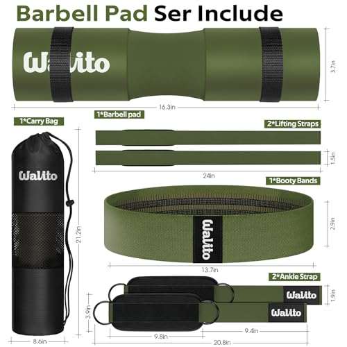 Image of WALITO 8Pcs Barbell Pad Set for Hip Thrust - Squat Pad,Gym Accessories for Women with Bar Bad,Bench Press, with Gym Ankle Straps,Resistance Bands for Working Out,Lifting Strap,Carry Bag