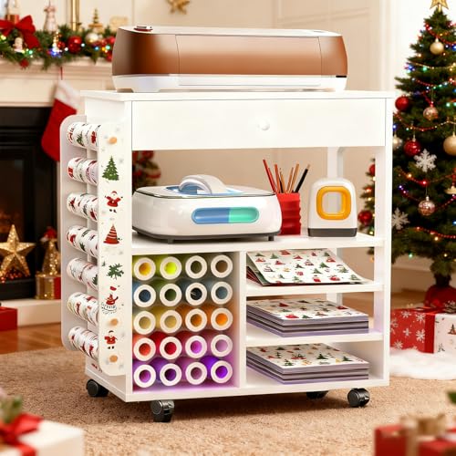 Image of Craft Table,Craft Cart for Cricut Organization and Storage,Craft Desk with Vinyl Roll Holders&Drawer&Hooks,Craft Cabinet Table and Heat Press Stand Workstation for Cricut Craft Room-White