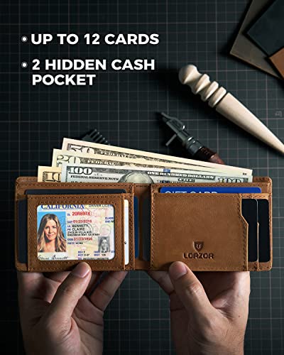 LORZOR AirTag Wallet - Bifold Full Grain Leather Mens Air Tag Wallet with AirTag Holder, RFID Blocking Minimalist Wallet for Men for Apple Air Tag, up to 11 Cards Gifts for Men3