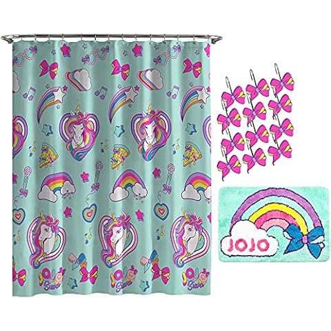 Jay Franco Nickelodeon JoJo Siwa Retro Rainbow 14 Piece Bathroom Set - Includes Shower Curtain, 12 Hooks, & Non-Slip Bath Rug - Easy Care Fabric Features Unicorn (Official Nickelodeon Product) Cover