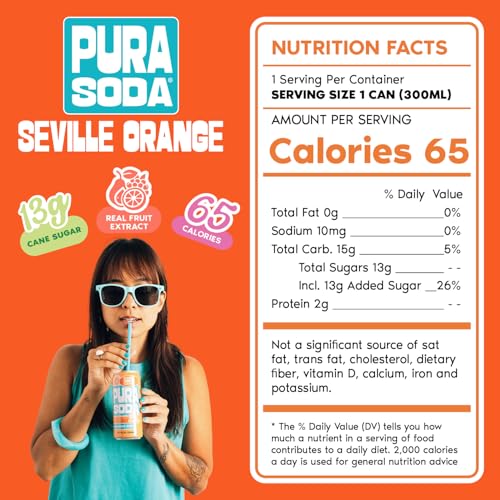 Image of PuraSoda Seville Orange - 12g Pure Cane Sugar Soda, 10 Fl Oz, Pack of 24 | Real Fruit Extract, Non-Gmo Vegan, No Stevia Or Artificial Sweeteners, 13g Cane Sugar, 10 Fl Oz Cans