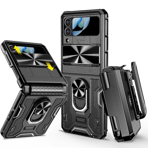 VEGO for Samsung Galaxy Z Flip 4 Case with Slide Camera Cover, Hinge Protection with 360°Ring Magnetic Kickstand & Belt Clip Holster Heavy Duty Protective Armor Cover - Black