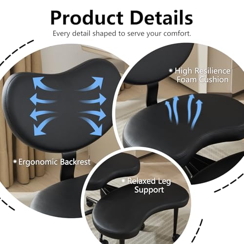 Image of Cross Legged Office Chair with Wheels, 360Swivel Meditation Chair, Adjustable Height Office Chair for ADHD and Yoga, Ergonomic Kneeling Chair with Back Support,PU Leather, Black