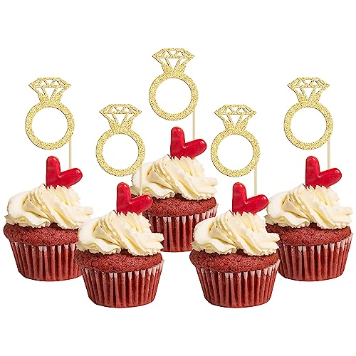 Gyufise 36Pcs Diamond Ring Cupcake Toppers Gold Glitter Diamond Wedding Ring Cupcake Picks for Marriage Engagement Anniversary Valentines Party Cake Decorations Supplies