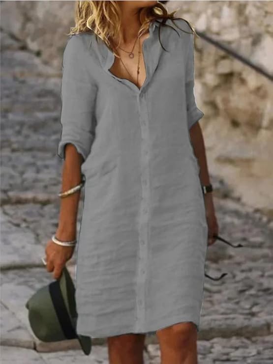 Fronage Women's Summer Midi Shirt Dresses Button Down 1/2 Sleeve Lapel Casual Cotton Linen Dress - Image 2