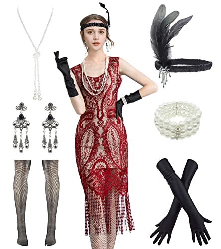 Image of Women 1920s Gatsby Flapper Dress Sexy Open Back Strap Fringed Cocktail Party Dress with 20s Accessories