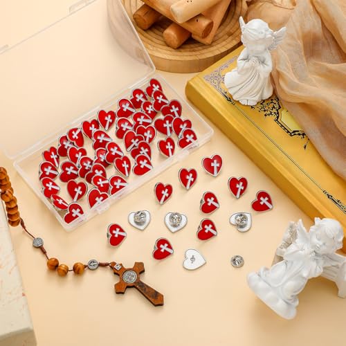 Juexica 50 Pcs Religious Sacred Heart of Jesus Pins Bulk Christian Favors Cross Enamel Lapel Brooch Red Heart Pins for Clergy Appreciation Gift Church Funeral Sunday School4
