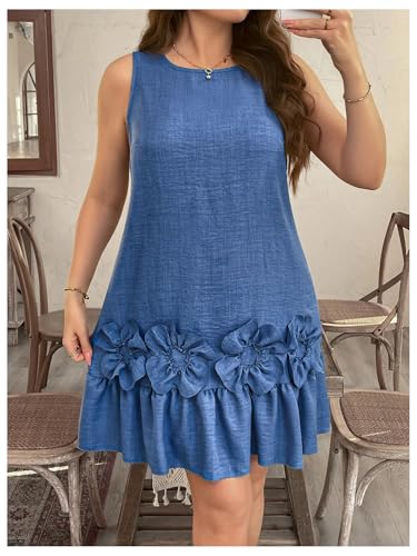 Image of Floerns Women's Plus Size 3D Floral Round Neck Short Dress Ruffle Hem Sleeveless Tank Short Dress