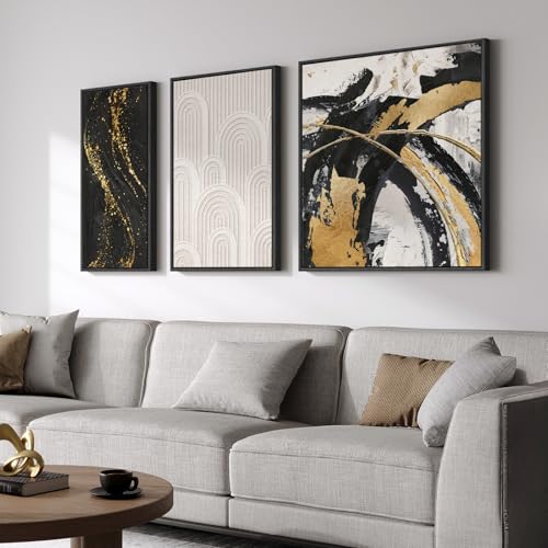 Framed Modern Abstract Wall Art Set, 3 Piece Black White Gold Can...