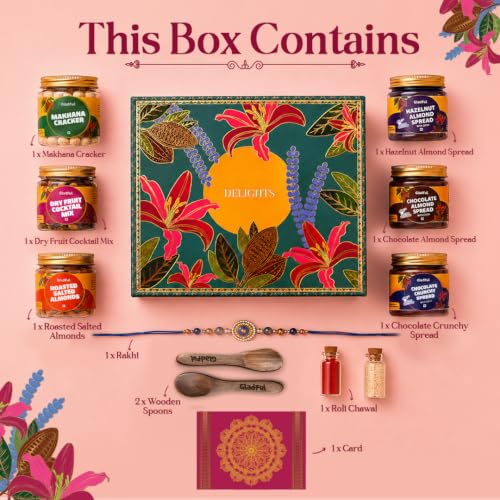 Image of Gladful Premium 10 Items Rakhi Gift Box | Green Floral Keepsake Box with Premium Nuts, Chocolate Spreads, Rakhi & Festive Essentials | Luxurious Raksha Bandhan Gift for Brother