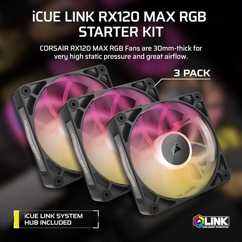 Image of CORSAIR iCUE Link RX120 MAX RGB 120mm PWM Thick Fans with iCUE Link System Hub - High-Static Pressure - Magnetic Dome Bearing - Triple Pack - Black