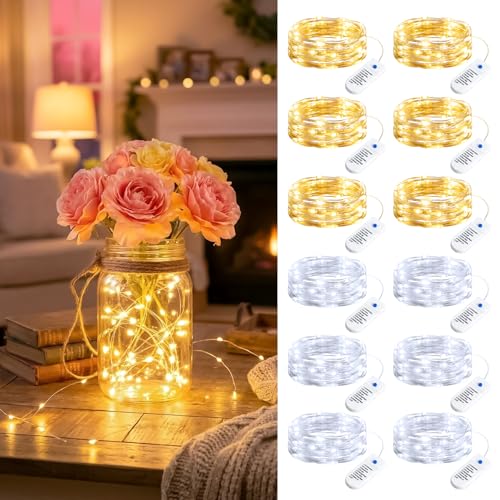 Image of Minetom 12 Pack Warm White & White Battery Operated Fairy String Lights | 8 Modes 7ft 20LED Waterproof Silver Wire Twinkle Lights, Firefly Starry Moon Lights for Mason Jars DIY Christmas Wedding Part