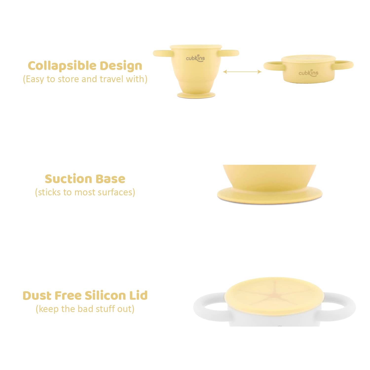 CUBKINS Collapsible BPA Free Snack Cup for Baby, Infant, Toddler | 6 Months+ (Lemon) - 275ml - Image 5 thumbnail