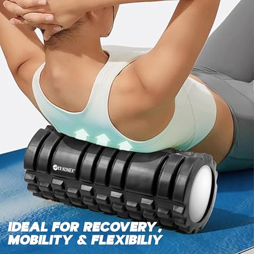 Image of Konex Foam Roller for Men & Women | Deep Tissue Massager for Pain Relief & Muscle Recovery | Ideal for Yoga, Gym, Stretching & Full Body Relaxation - 33 cm (Black)