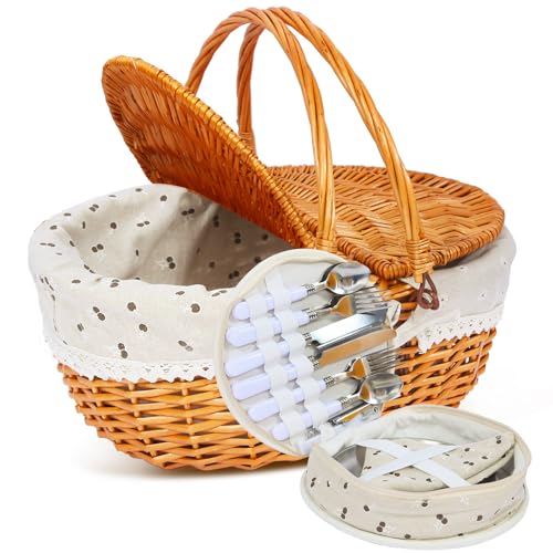 HYBDAMAI Picknickkorb-Set aus Weide für 4 Personen mit Deckel und Griff. Picknickkorb mit waschbarem Futter und Besteckset für Outdoor, Camping, Halloween, Weihnachten und Geburtstag HYBDAMAI Picknickkorb-Set aus Weide für 4 Personen mit Deckel und Griff. Picknickkorb mit waschbarem Futter und Besteckset für Outdoor, Camping, Halloween, Weihnachten und Geburtstag