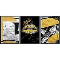 SIGNWIN Framed Canvas Print Wall Art Golden Landscapes with Colorful Paint Lips Abstract Fashion Mixed Modern Art Chic Closeup Ultra for Living Room, Bedroom, Office - 16