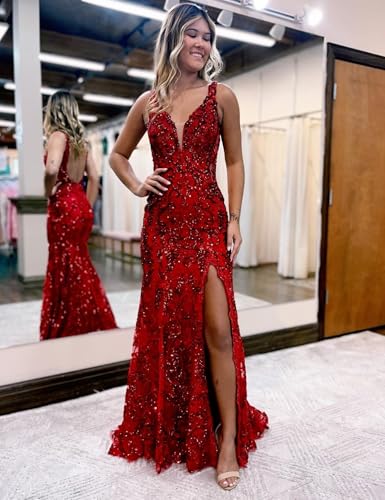 Sequin Prom Dresses for Women 2025 Mermaid V Neck Backless Evening Gowns with Slit2