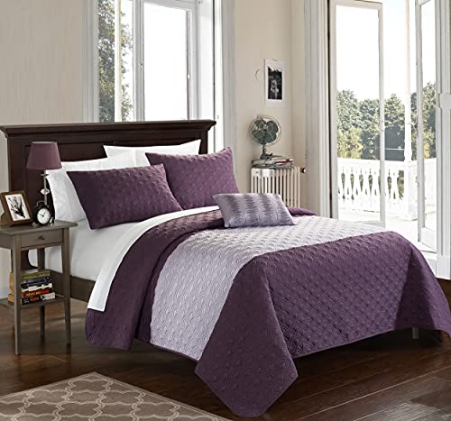 Best Cyber Monday 🔥 Chic Home 4 Piece Dominic Geometric Embroidered Quilt Set Shams and Decorative Pillows, Queen, Lavender