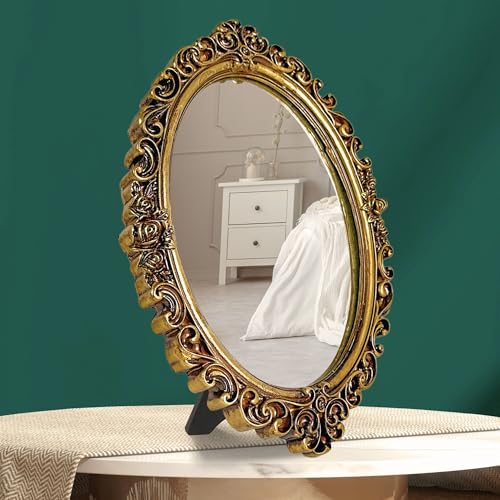 97 Decor Small Oval Mirror for Table - Gold Vintage Mirror for Tabletop and Wall Mounting, Small Decorative Mirrors Frame for Antique Home Bedroom, Victorian Makeup Room Decor