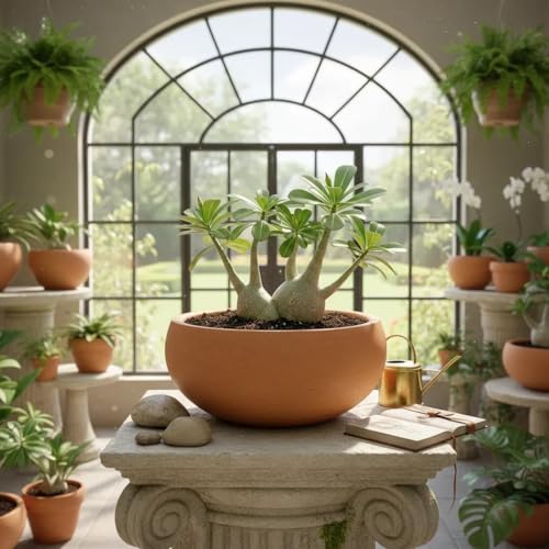 Quintal De Casa Vaso Bacia Lisa Adenium, Cerâmica e Barro Marrom Terracota, 24 cm Boca x 21 cm Base x 10 cm Altura, Com Furos de Drenagem, Estilo Rústico, Para Plantas Naturais