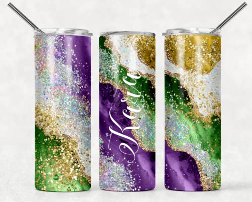 Personalized Mardi Gras 20oz Tumbler | Stainless Steel Insulated Cup | Mardi Gras Cups | Mardi Gras Purple Green Gold Glitter Effect Marble with Name Tumbler