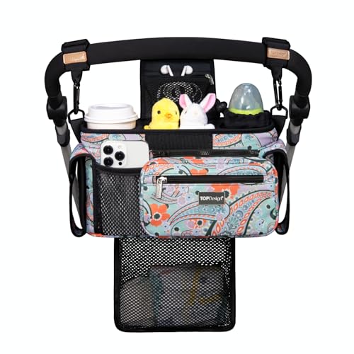 Image of TOPDesign Universal Baby Stroller Organizer, Stroller Caddy with Detachable Mesh Bag & Heightened Insulated Cup Holders & Non-Slip Secure Hooks Accessories, Fits Most Strollers (Green Bandanna)