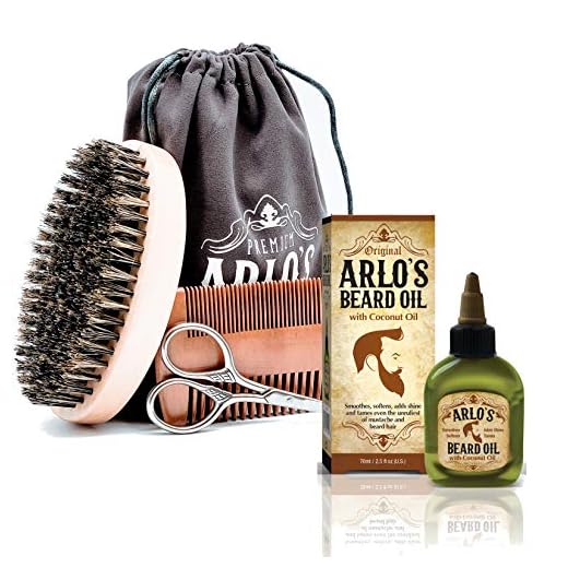 Arlo's 5-PC Mens Premium Beard Grooming Kit w/ Coconut Beard Oil 2.5oz Beard Oil, Beard Brush, Beard Comb, Beard Scissors & Carry Bag