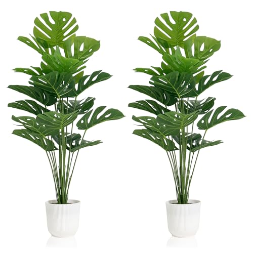 SAJANDAS Set of 2 Artificial Monstera Deliciosa Plants in Pots, Fake Tropical Trees with Greenery...