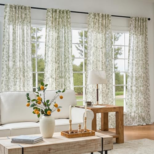 Image of jinchan Linen Floral Curtains for Living Room with Printed Flower 96 Inches Long Light Filtering Farmhouse Window Treatment Vintage Drapes Back Tab Rod Pocket 2 Panels Green on Beige