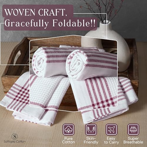 Image of Waffle White & Burgundy Wine Dish Towels Set of 12, 100% Cotton, 16x26 inches, Reusable Cleaning Cloths for Drying Dishes, Quick Dry Kitchen Towel, Durable for Heavy-Duty Use