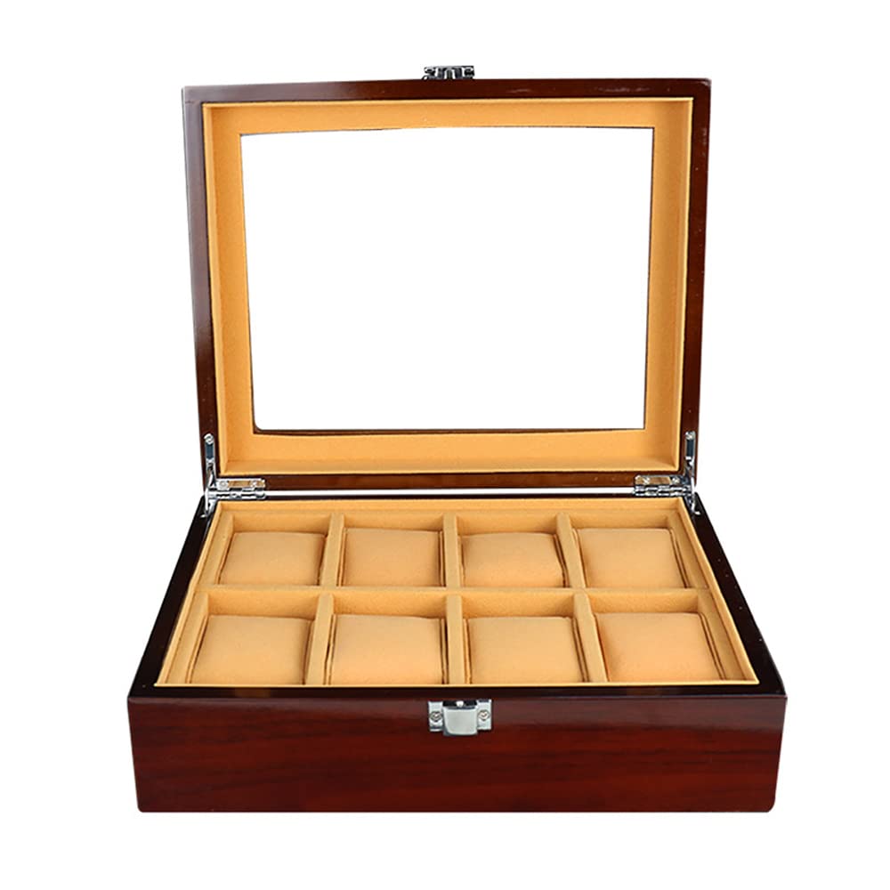 Holzmaserung Uhrenbox Schmuck Aufbewahrungsbox Einschichtiger transparenter Glasdeckel, 8 Gitter Holz Display Sammelbox Braunes Futter mit Metallverschluss Weihnachtsgeburtstagsgeschenke