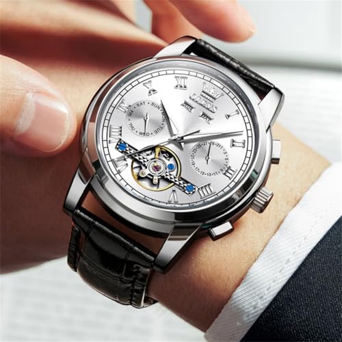 Image of OLEVS Mechanical Dress Mens Watches Square Brown Leather Strap Moon Phase Skeleton Tourbillion Day Date Waterproof Luminous Men's Wrist Watches
