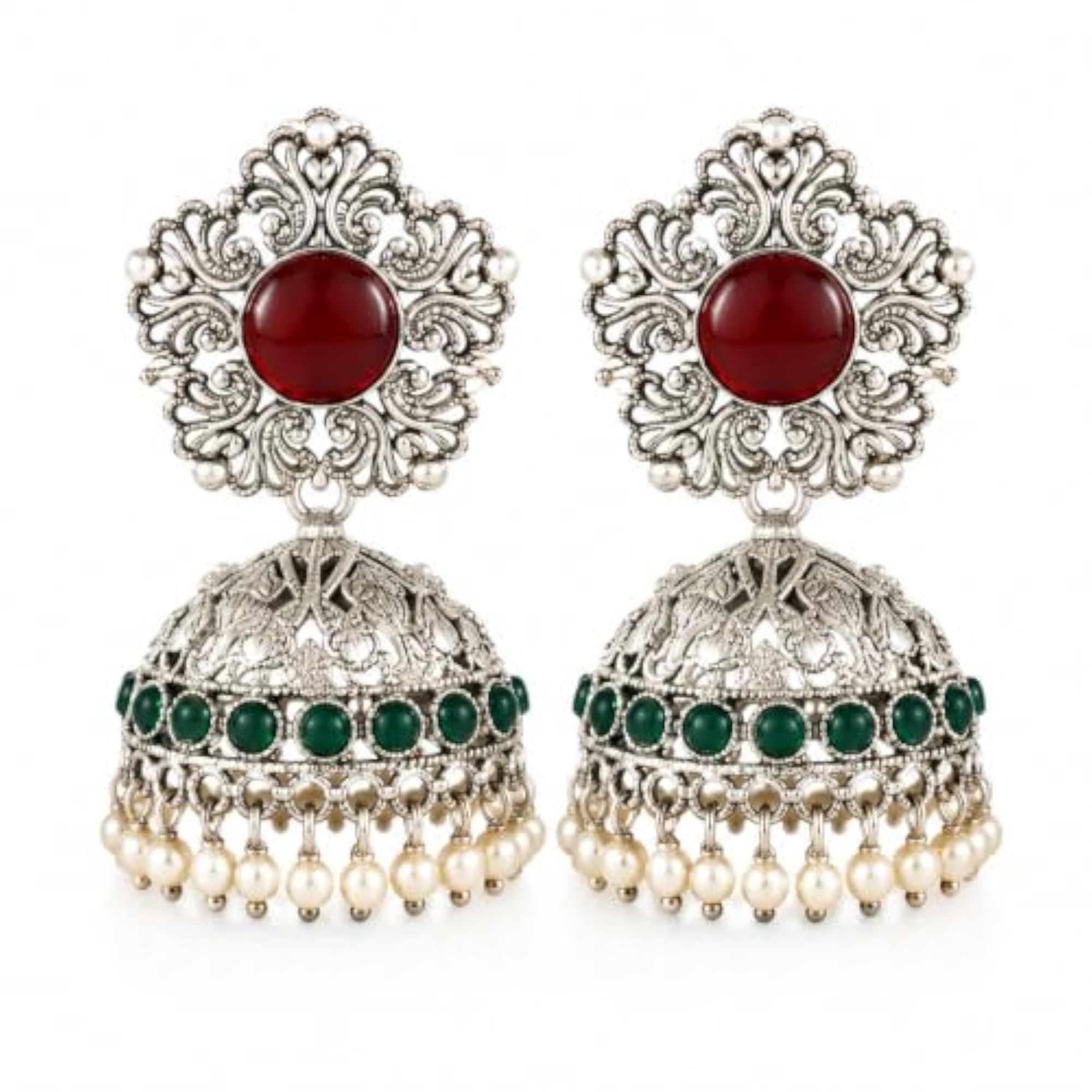 Ruby Red & Emerald Green Jhumka Earrings for Women, Traditional Design