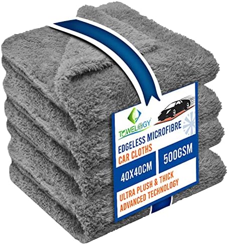 Towelogy® X009 Microfibre Edgeless Car Cleaning Cloths for Detailing Washing & Drying 500GSM Long Plush Fibres Auto Towels 40x40cm (Grey/Blue, 4)