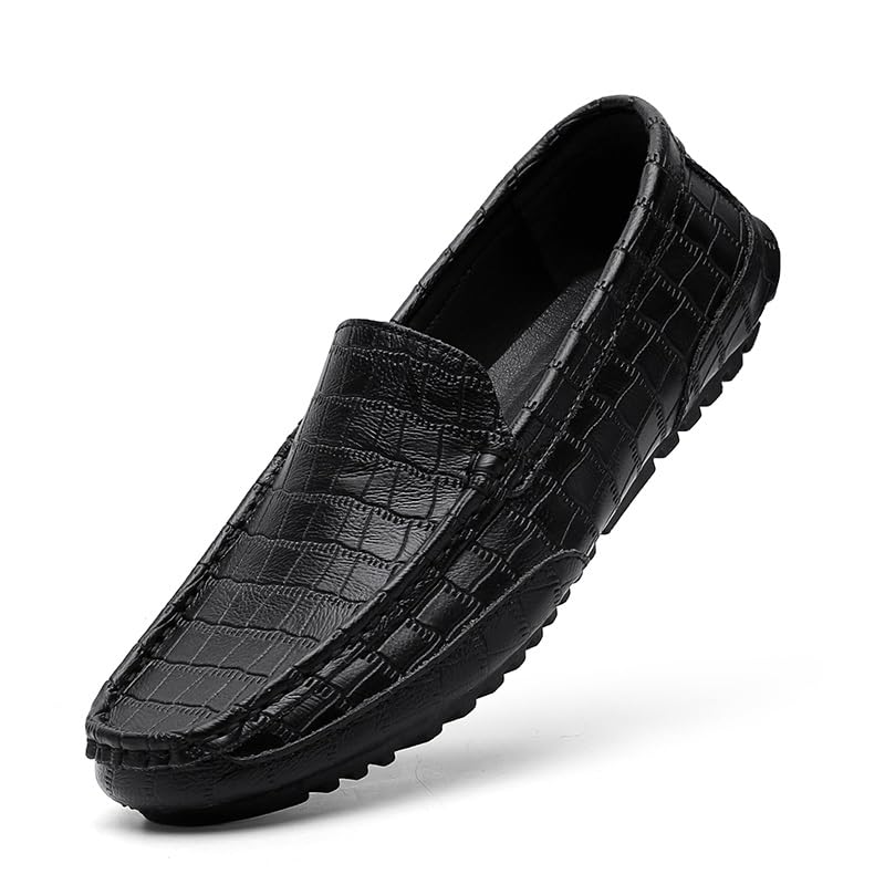 Men's Loafers Shoes Round Toe Faux Leather Plaid Loafer Shoes Anti-Slip Resistant Flat Heel Wedding Slip On(Black,10)