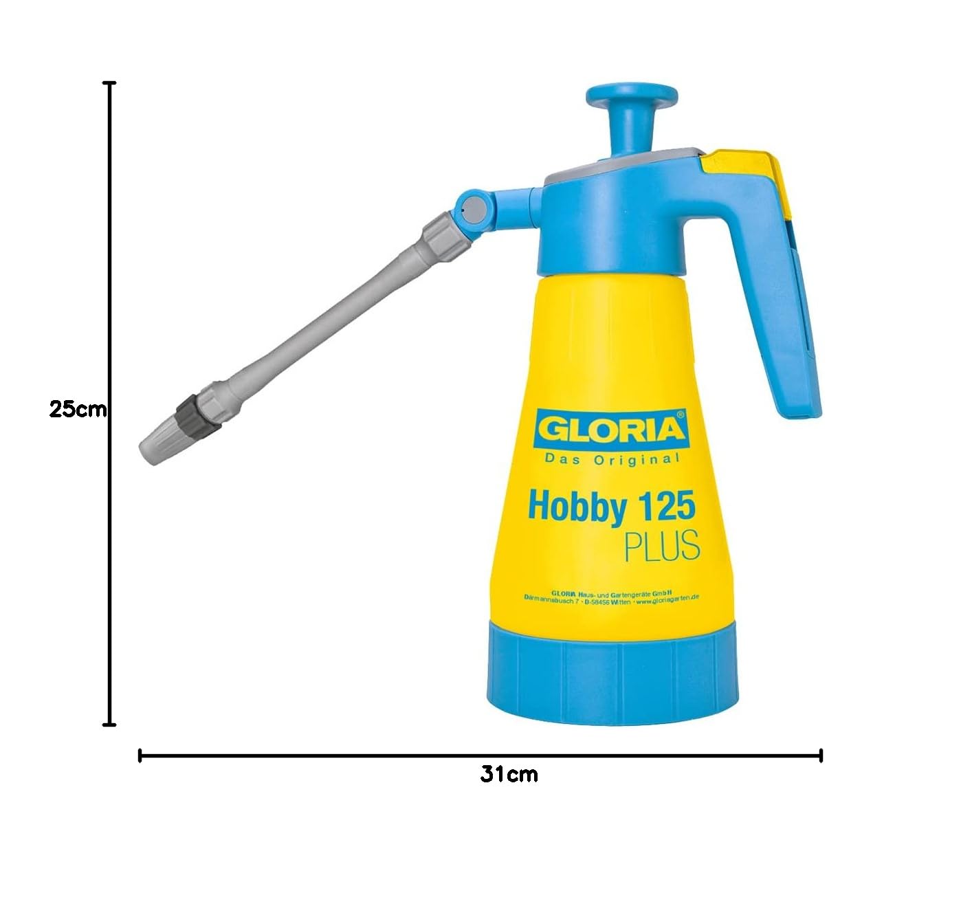 GLORIA Drucksprüher Hobby 125 Plus | Säurebeständiger 1,25 L Handsprüher | Für Essigsäure, Pflanzenschutzmittel & Unkrautvernichter | Flexibel schwenkbare Lanze | 3 bar