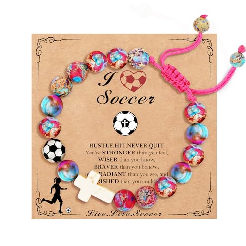 Image of Softball /Soccer /Volleyball /Basketball /Baseball /Football Sports Gifts for Girls Teens Natural Stone Beaded Cross Bracelets Christian Religious Game Day Jewelry Gift